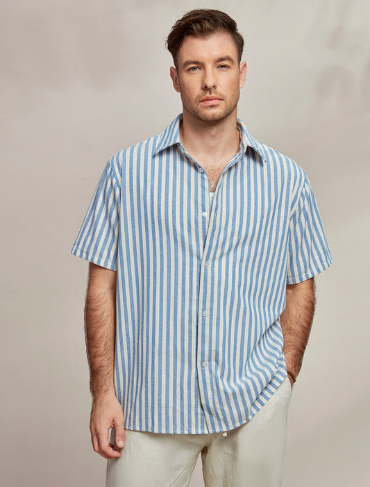 100% Cotton Stripe Turndown Collar Casual Shirt - oukumen