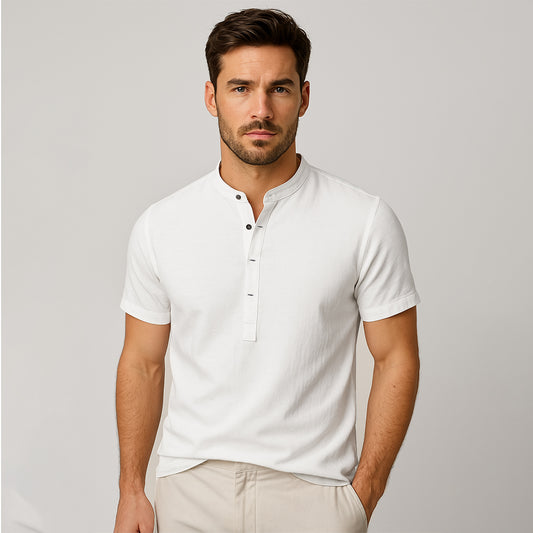 100% Cotton Premium Textured Band Collar Shirt - oukumen
