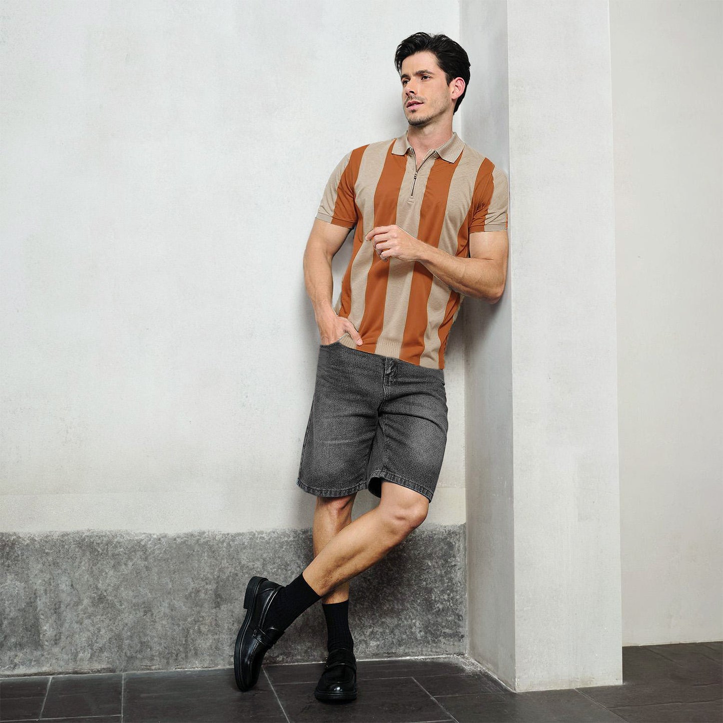 Vertical Stripe Quarter-Zip Polo - oukumen