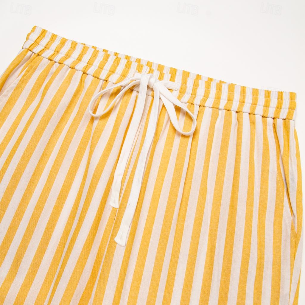 Cotton Linen Elastic Waistband Casual Stripe Pants - oukumen