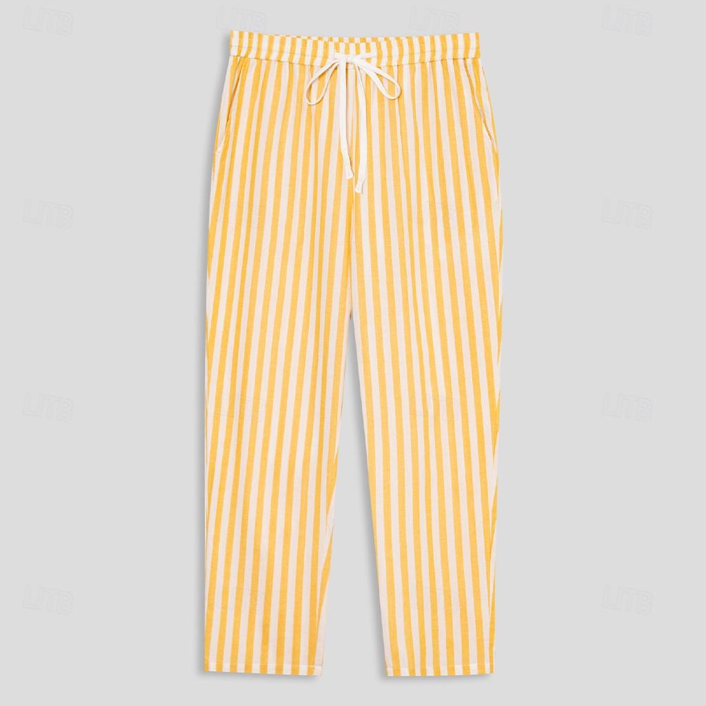 Cotton Linen Elastic Waistband Casual Stripe Pants - oukumen