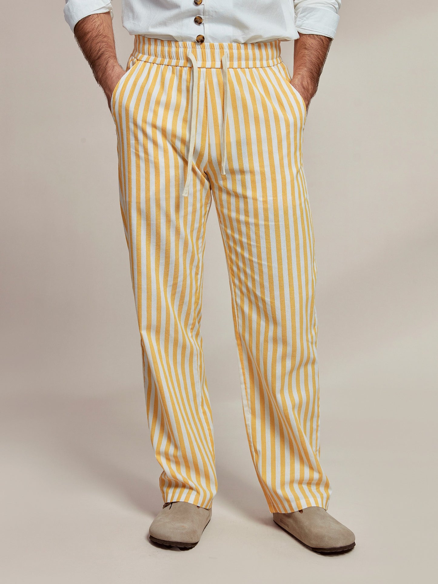 Cotton Linen Elastic Waistband Casual Stripe Pants - oukumen