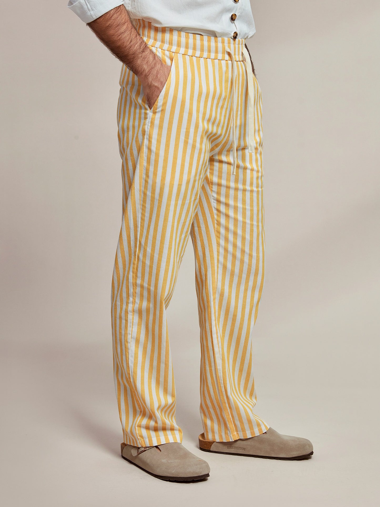Cotton Linen Elastic Waistband Casual Stripe Pants - oukumen