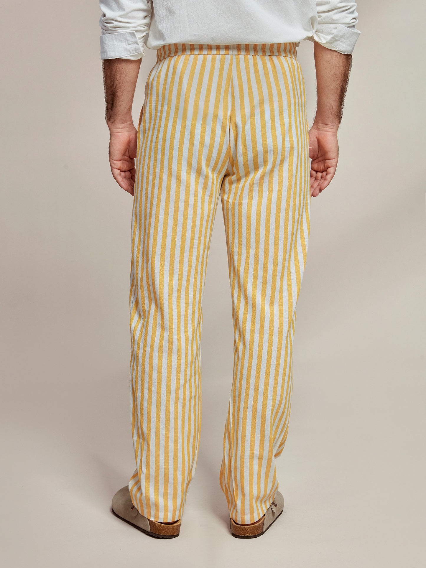 Cotton Linen Elastic Waistband Casual Stripe Pants - oukumen