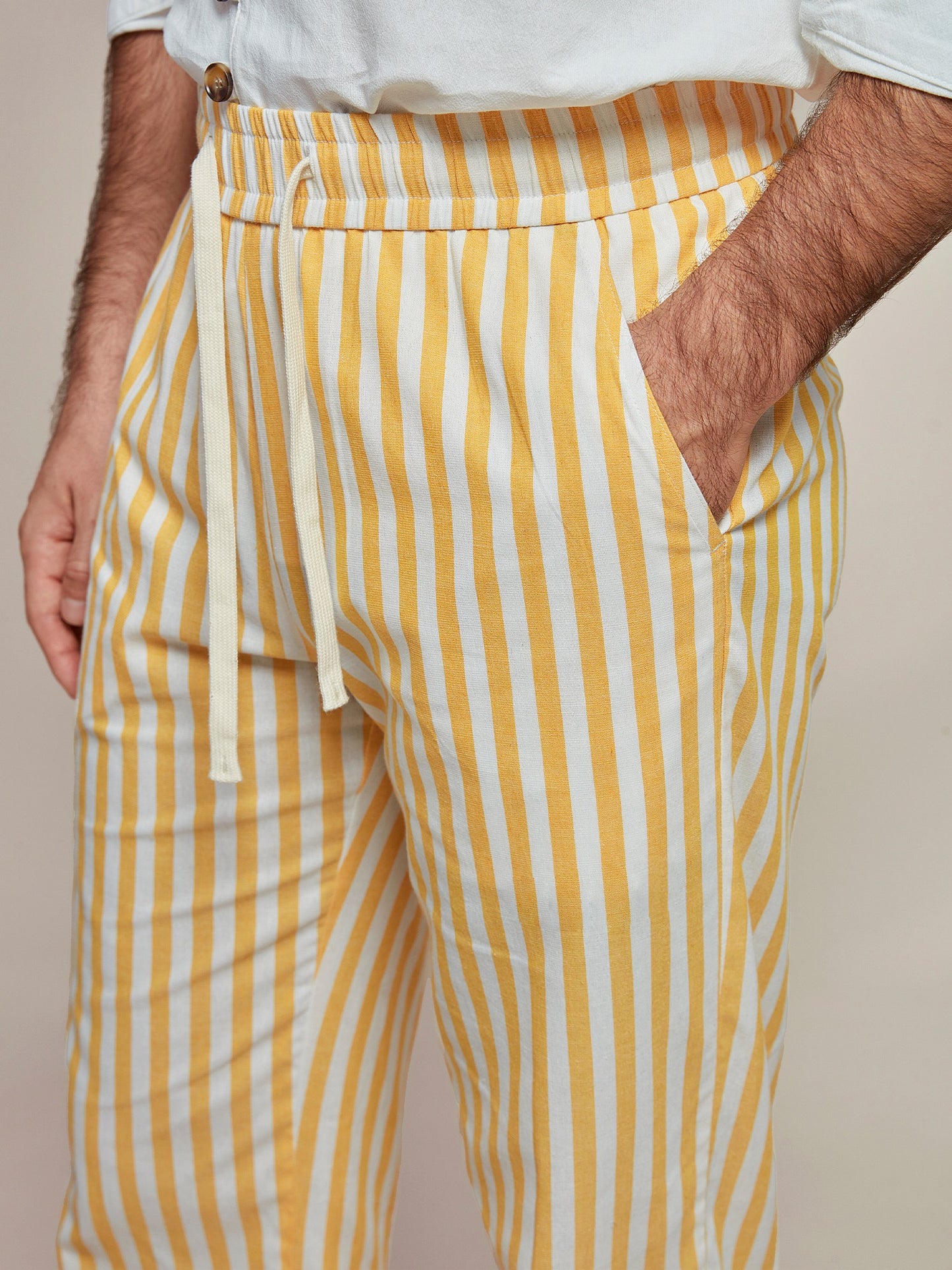 Cotton Linen Elastic Waistband Casual Stripe Pants - oukumen
