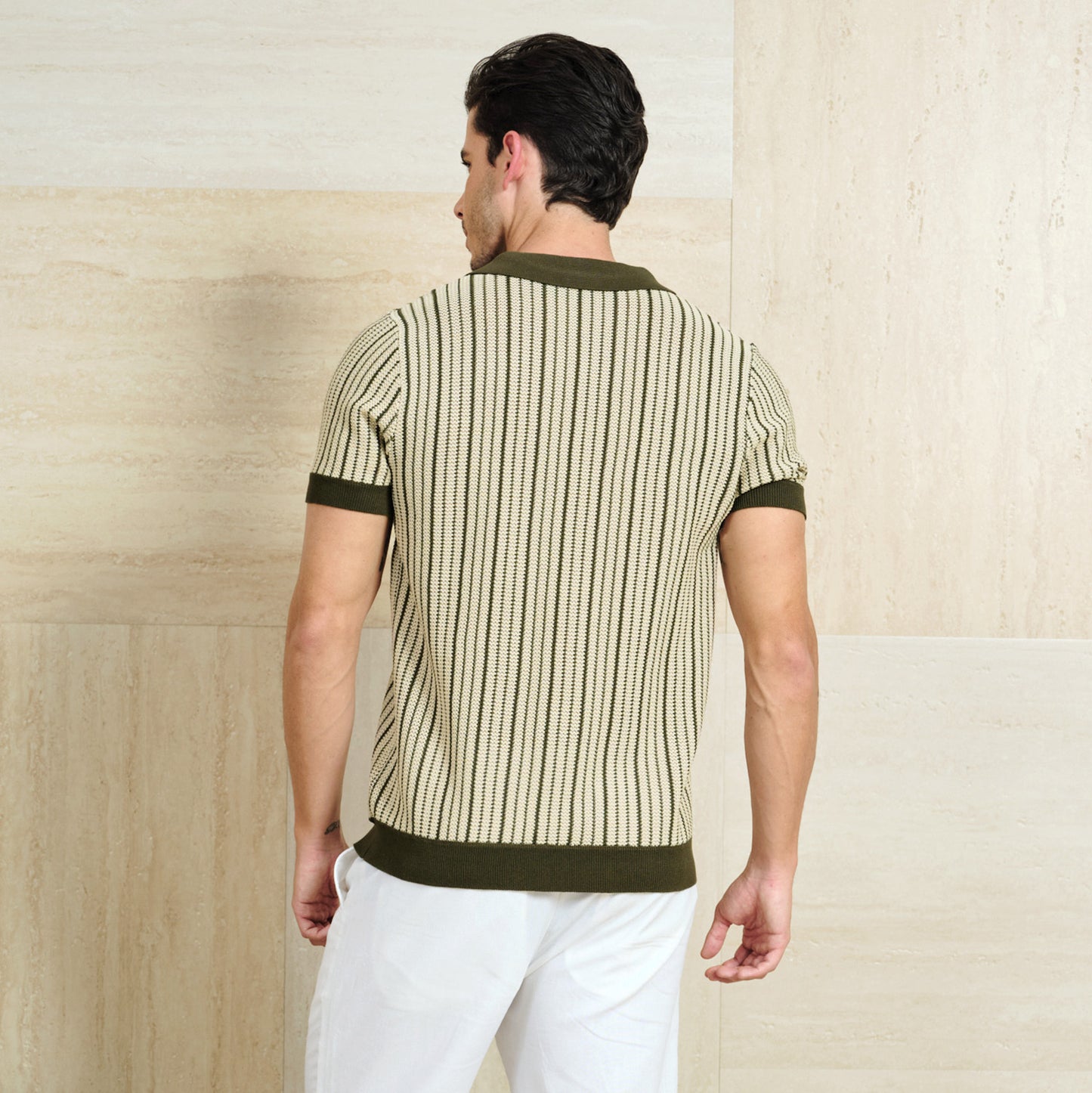 Striped Knit Texture Polo Shirt - oukumen