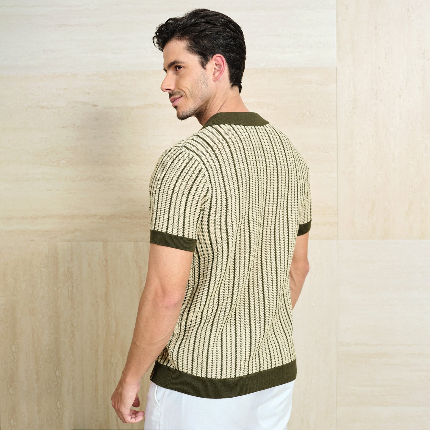 Striped Knit Texture Polo Shirt - oukumen