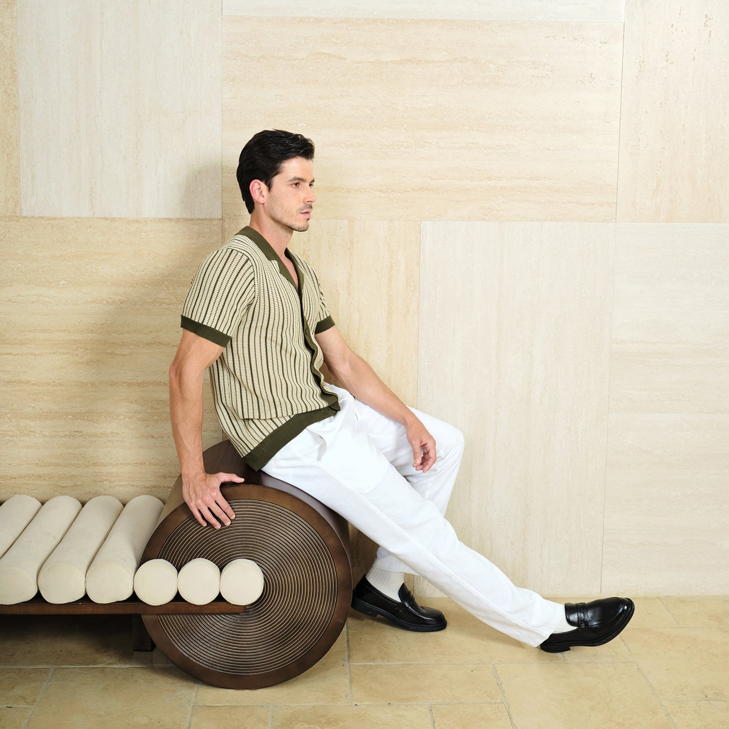 Striped Knit Texture Polo Shirt - oukumen