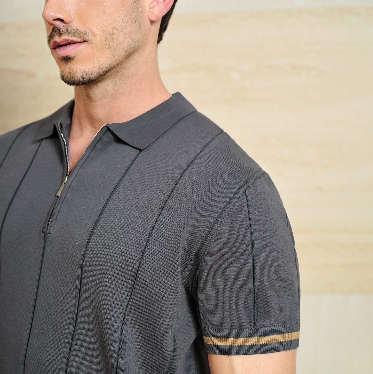 Classic Texture Knit Quarter-Zip Polo - oukumen