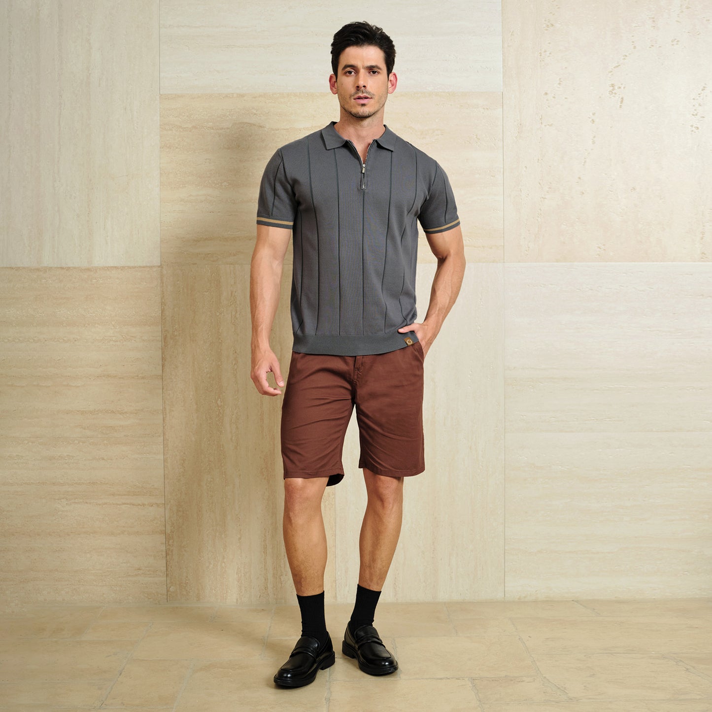 Classic Texture Knit Quarter-Zip Polo - oukumen