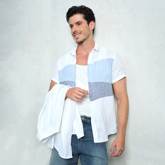 100% Linen Color Block Casual Shirt - oukumen