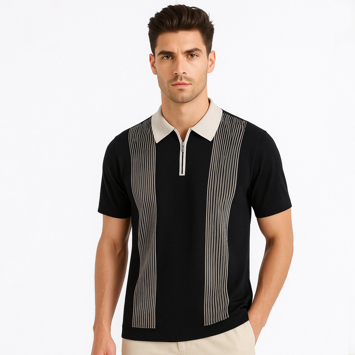 Refined Half-Zip Polo Shirt with Pinstripe Contrast Panels - oukumen