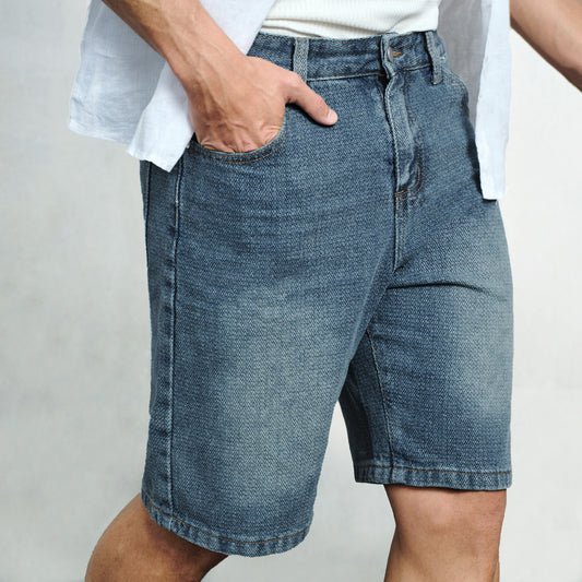 Knee-Length Texture Jean Shorts - oukumen