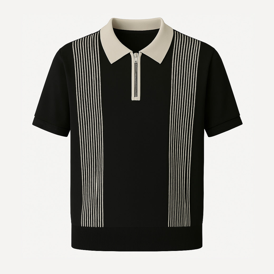 Refined Half-Zip Polo Shirt with Pinstripe Contrast Panels - oukumen
