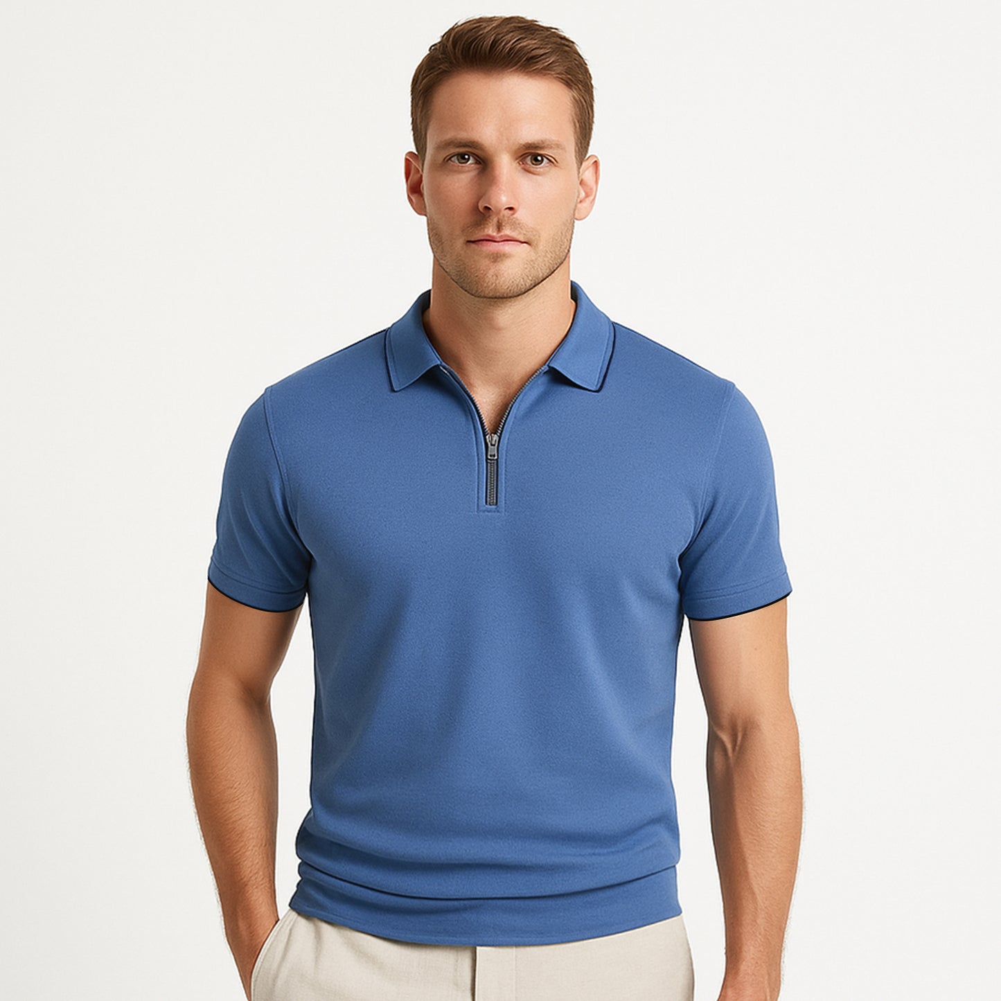 Cotton Silk Color-Block Zipper Polo