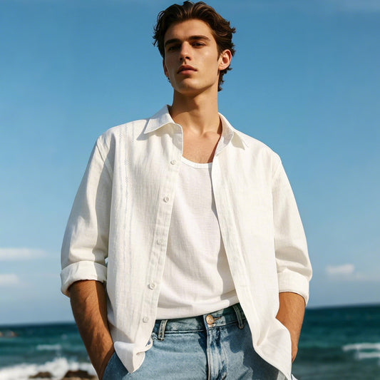 100% Linen Button-Up Shirt - oukumen