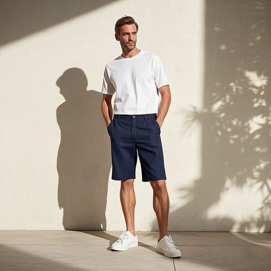 100% Linen Knee-Length Shorts - oukumen