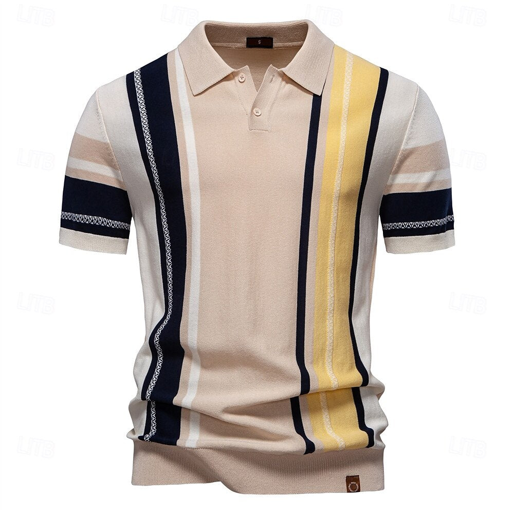 Classic Knit Polo with Vertical Stripes - oukumen