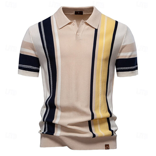 Classic Knit Polo with Vertical Stripes - oukumen