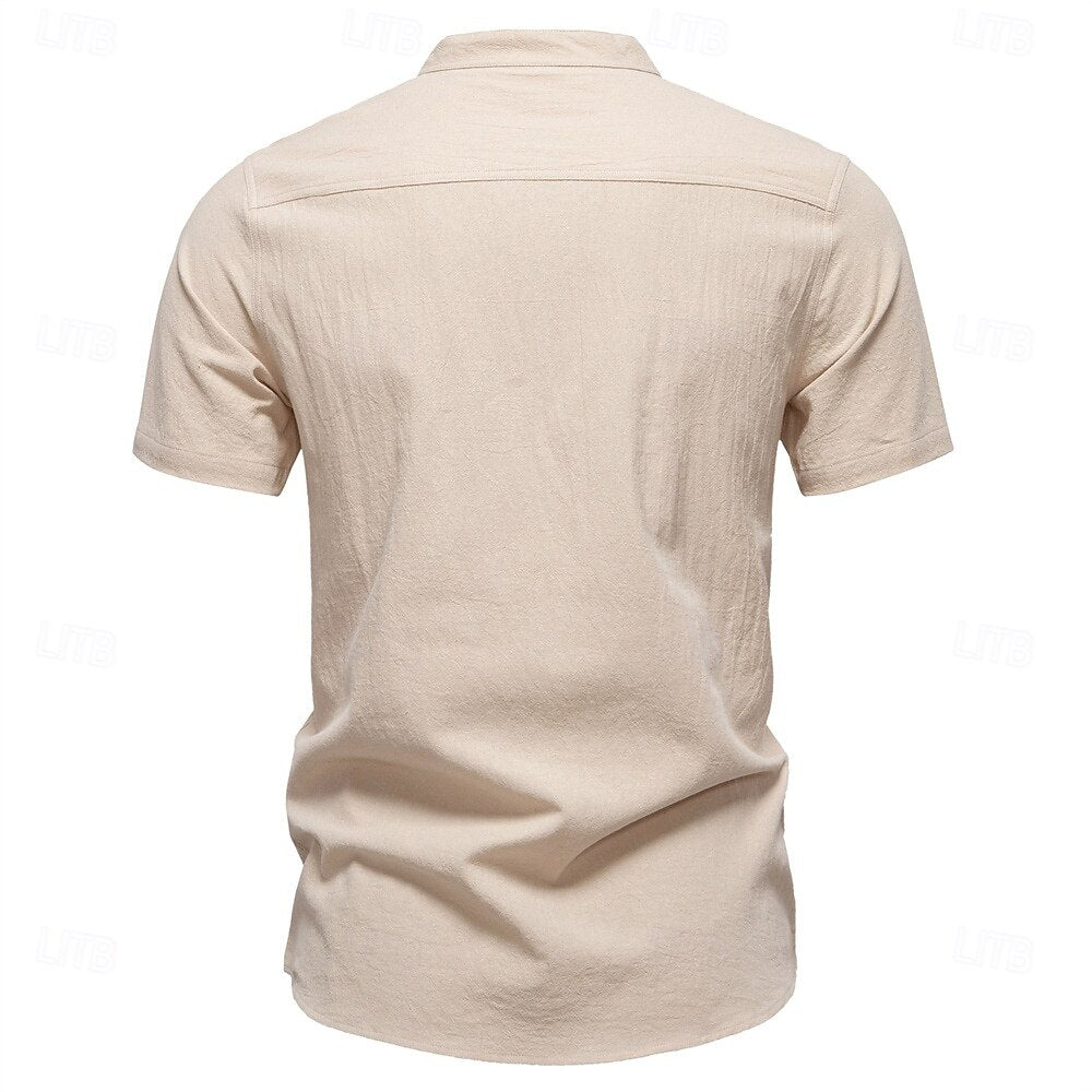 100% Cotton Premium Textured Band Collar Shirt - oukumen