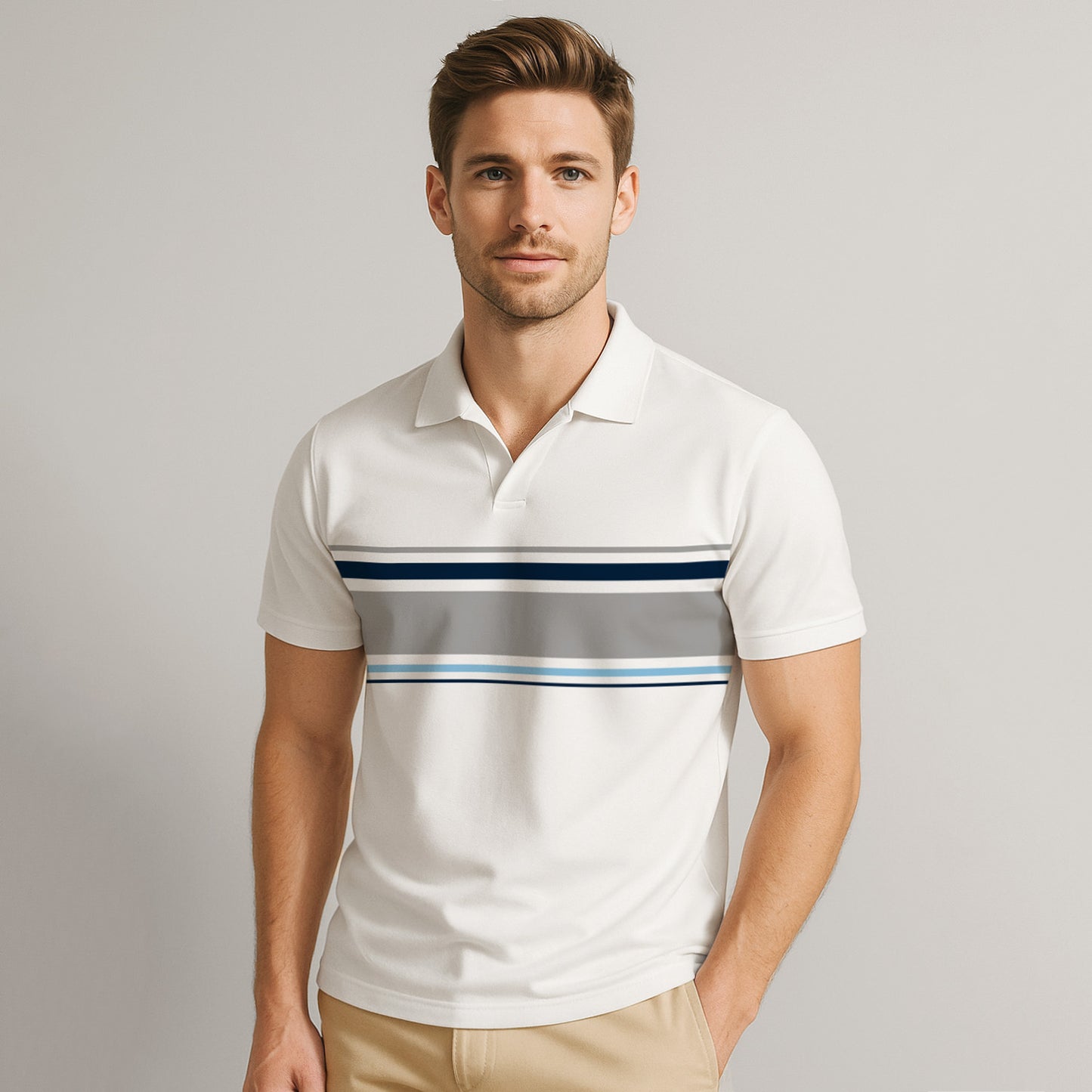 100% Cotton Stripe Johnny Collar Polo
