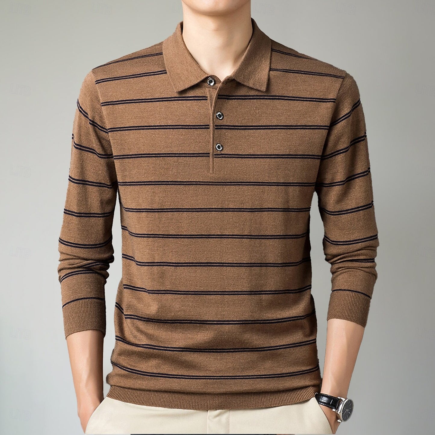 Striped Elegance Knit Polo Sweater - oukumen