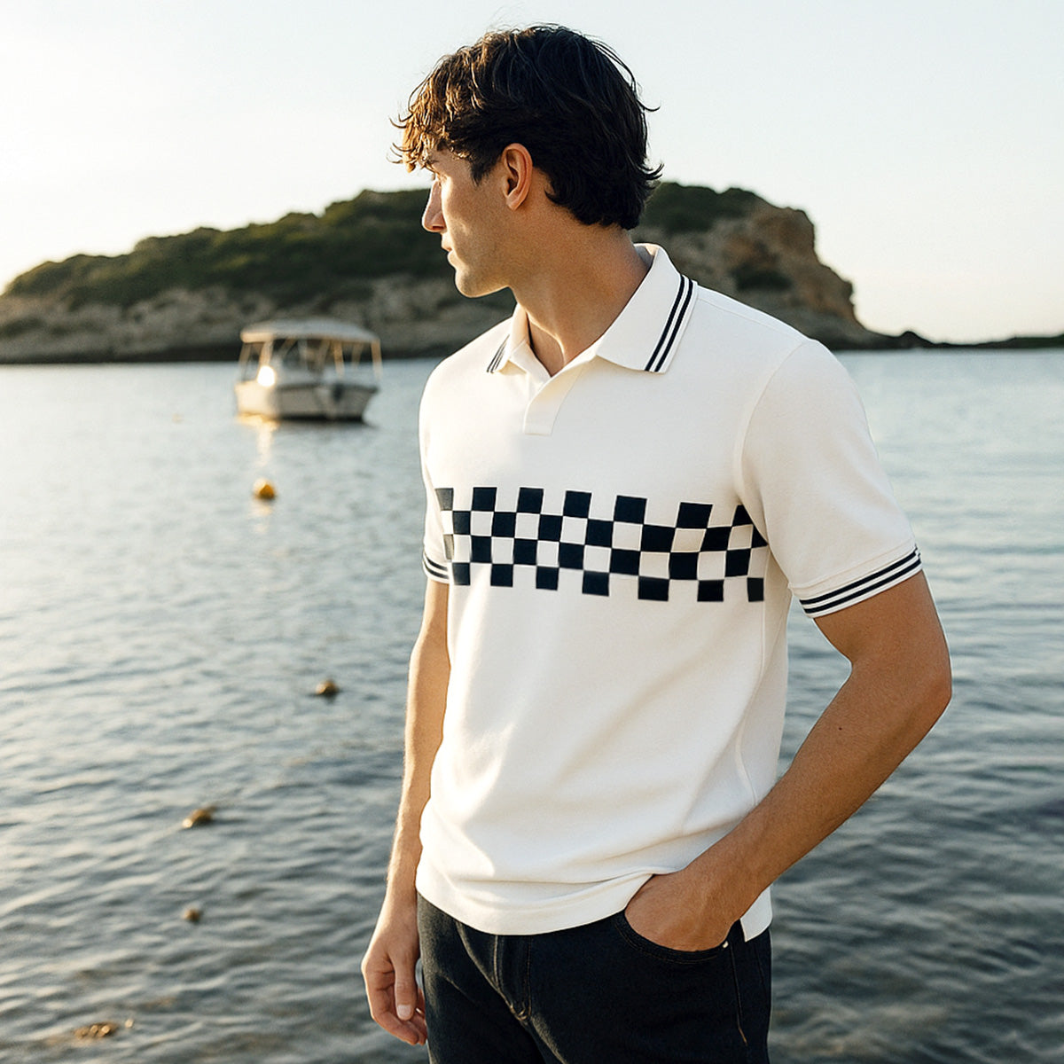 100% Cotton Check Johnny Collar Polo