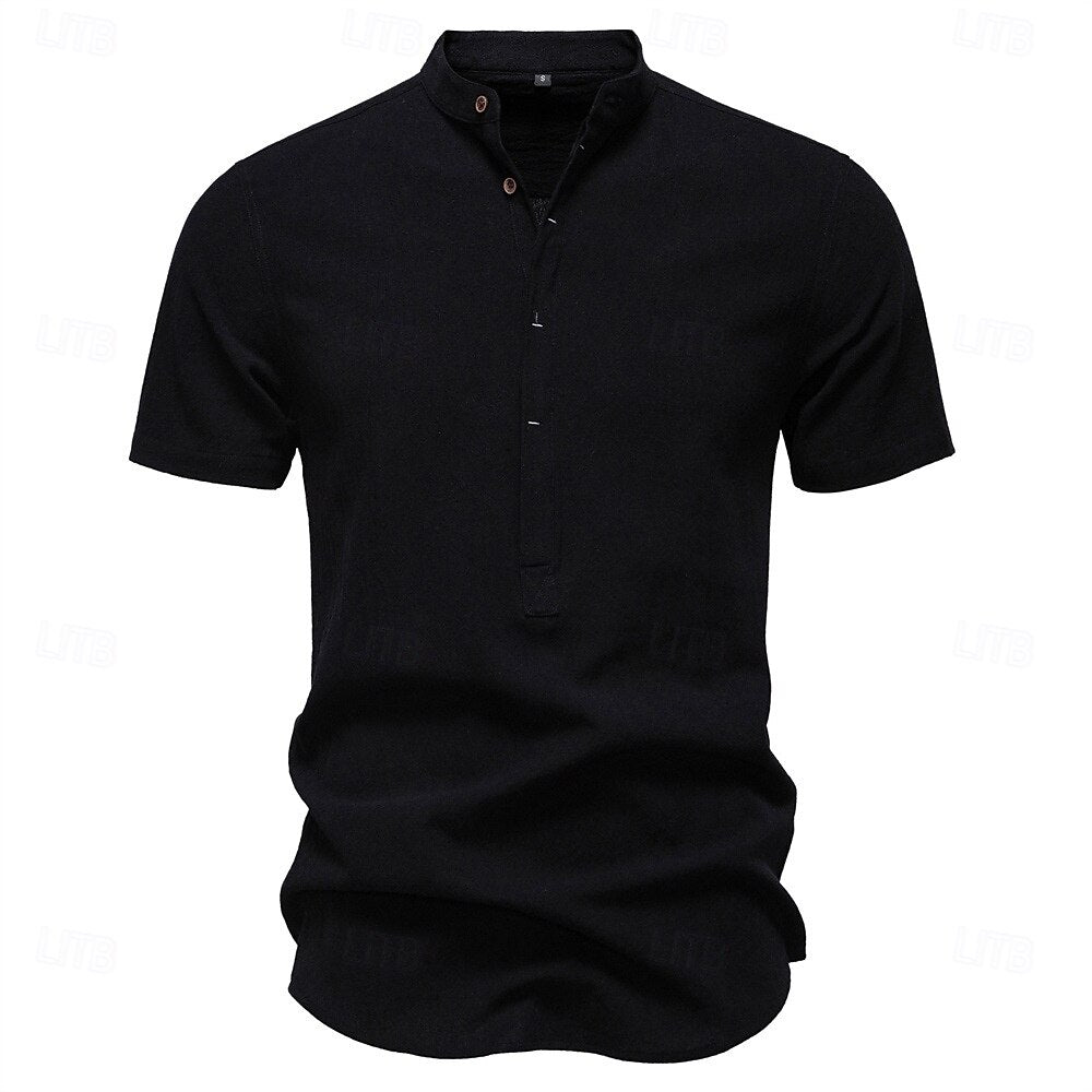 100% Cotton Premium Textured Band Collar Shirt - oukumen