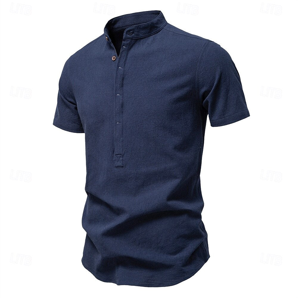 100% Cotton Premium Textured Band Collar Shirt - oukumen