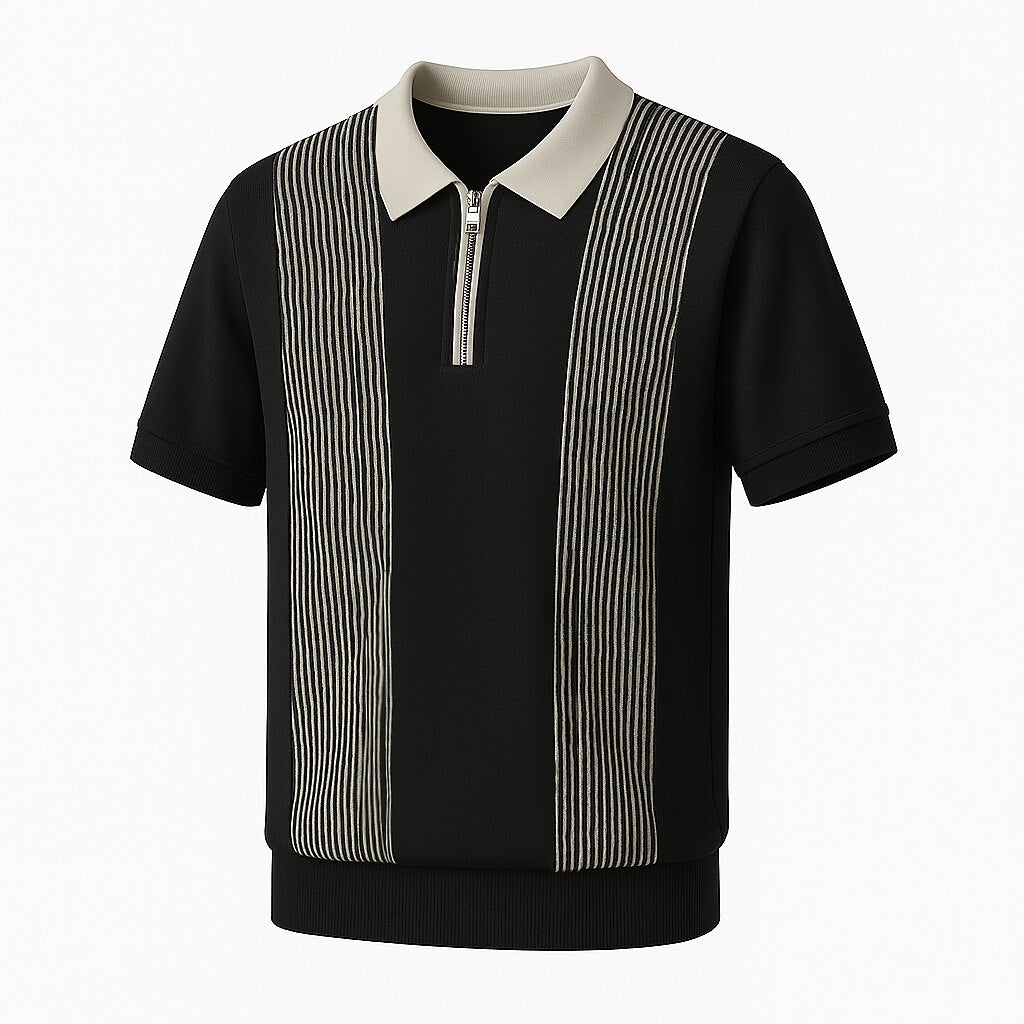 Refined Half-Zip Polo Shirt with Pinstripe Contrast Panels - oukumen