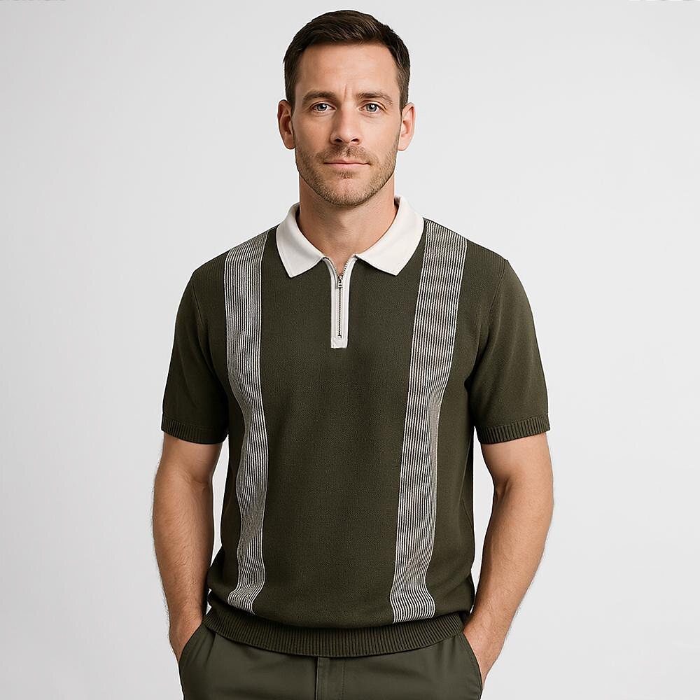 Refined Half-Zip Polo Shirt with Pinstripe Contrast Panels - oukumen