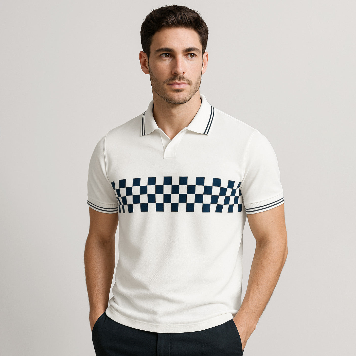 100% Cotton Check Johnny Collar Polo