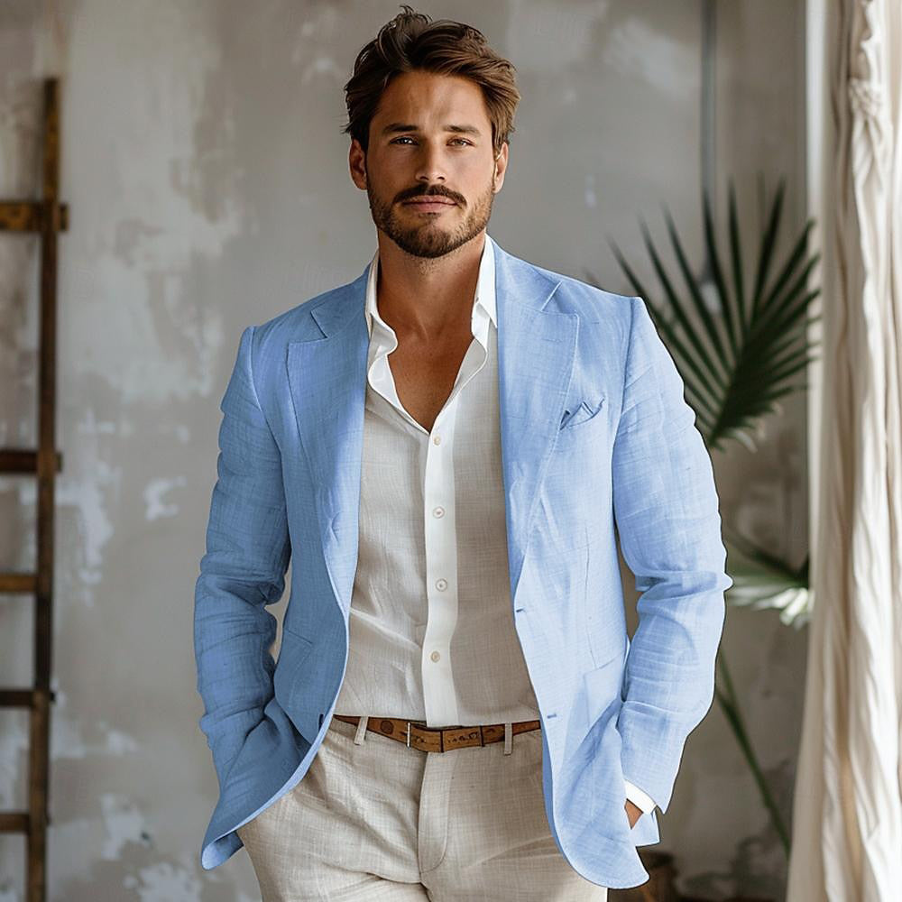 100% Linen Single Breasted Blazer Jacket - oukumen