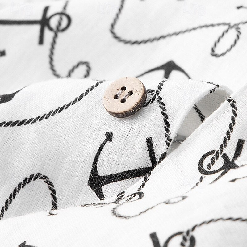 100% Linen Anchor Print Shirt - oukumen