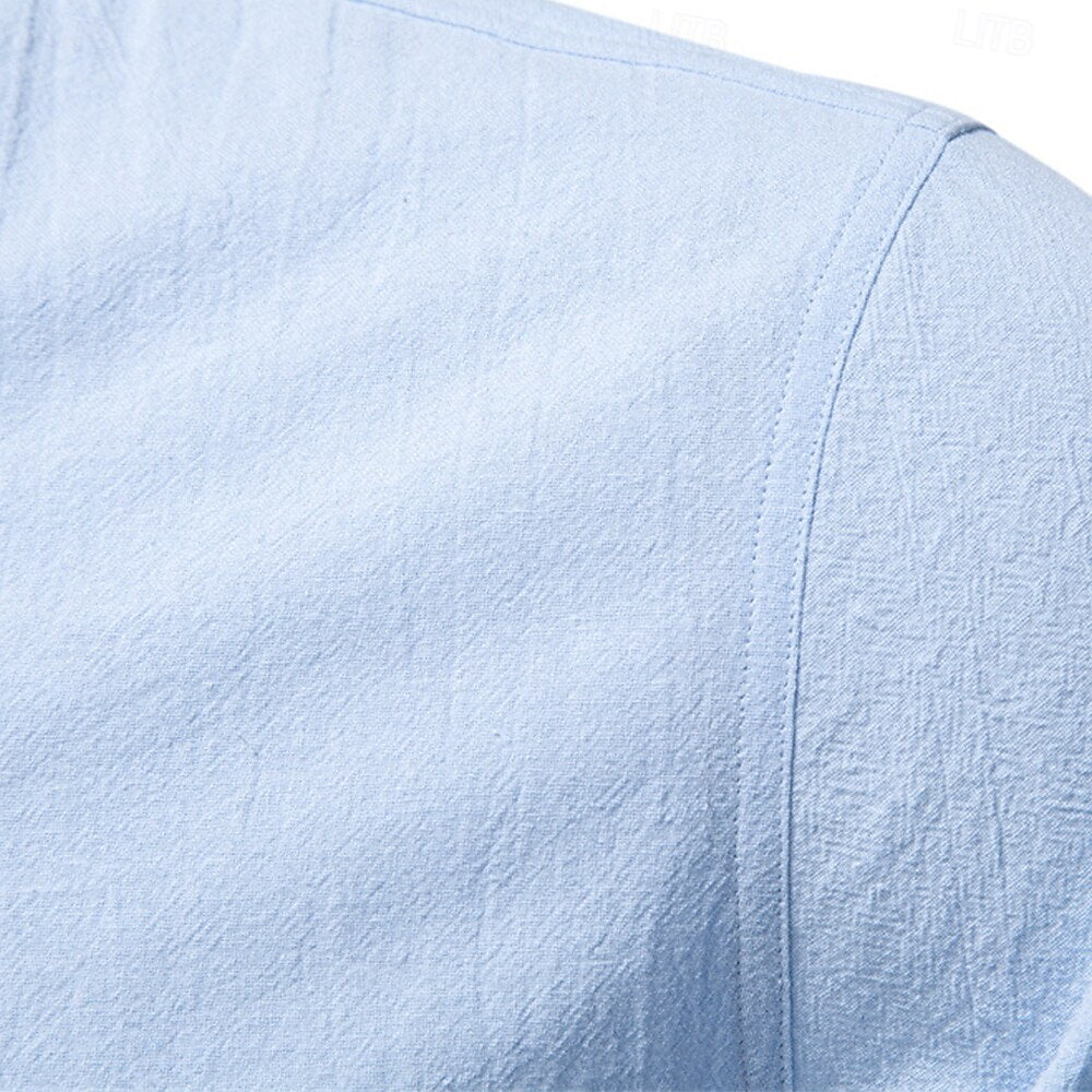 100% Cotton Premium Textured Band Collar Shirt - oukumen