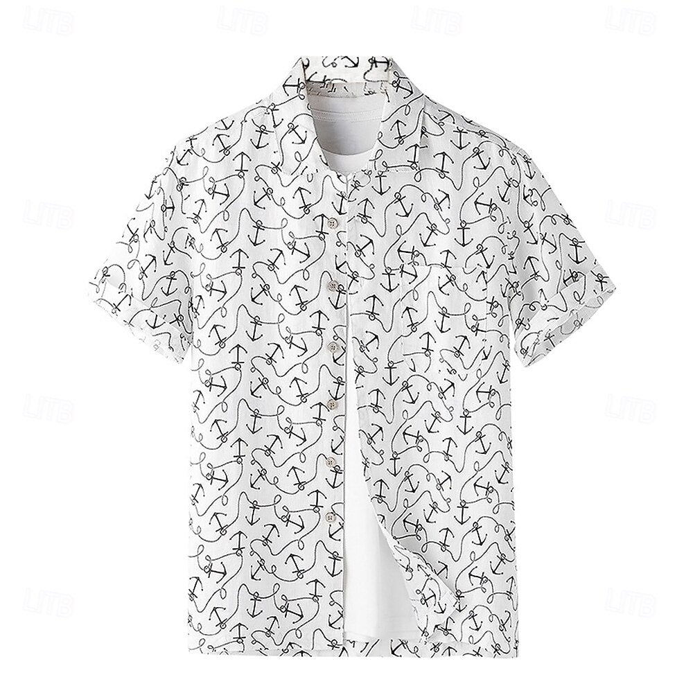100% Linen Anchor Print Shirt - oukumen
