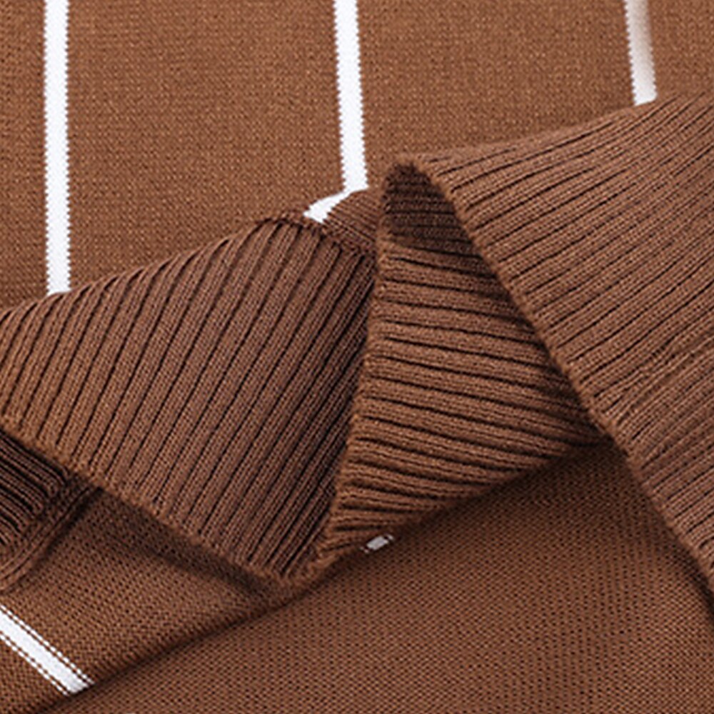 Retro Vertical Stripe Knit Zip Polo - oukumen