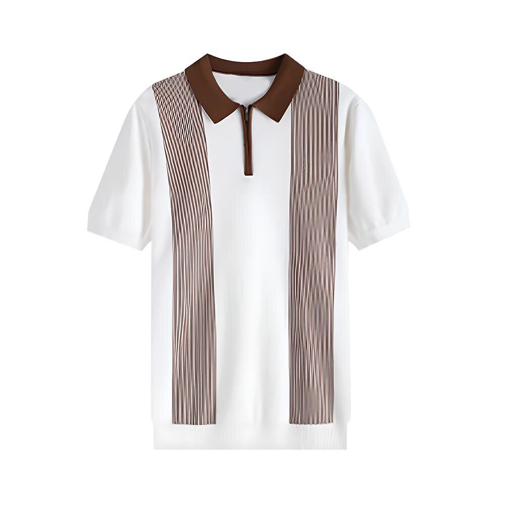 Refined Half-Zip Polo Shirt with Pinstripe Contrast Panels - oukumen