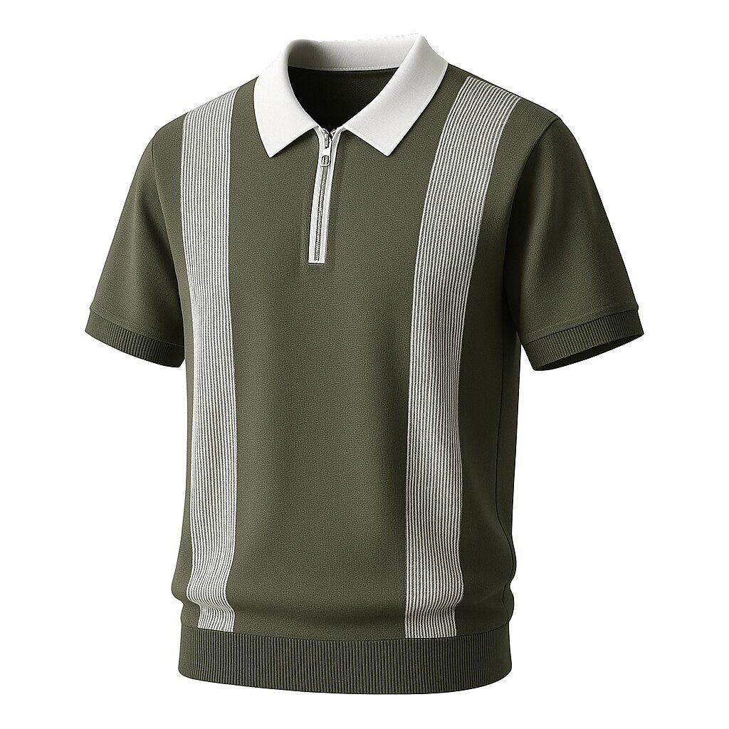 Refined Half-Zip Polo Shirt with Pinstripe Contrast Panels - oukumen