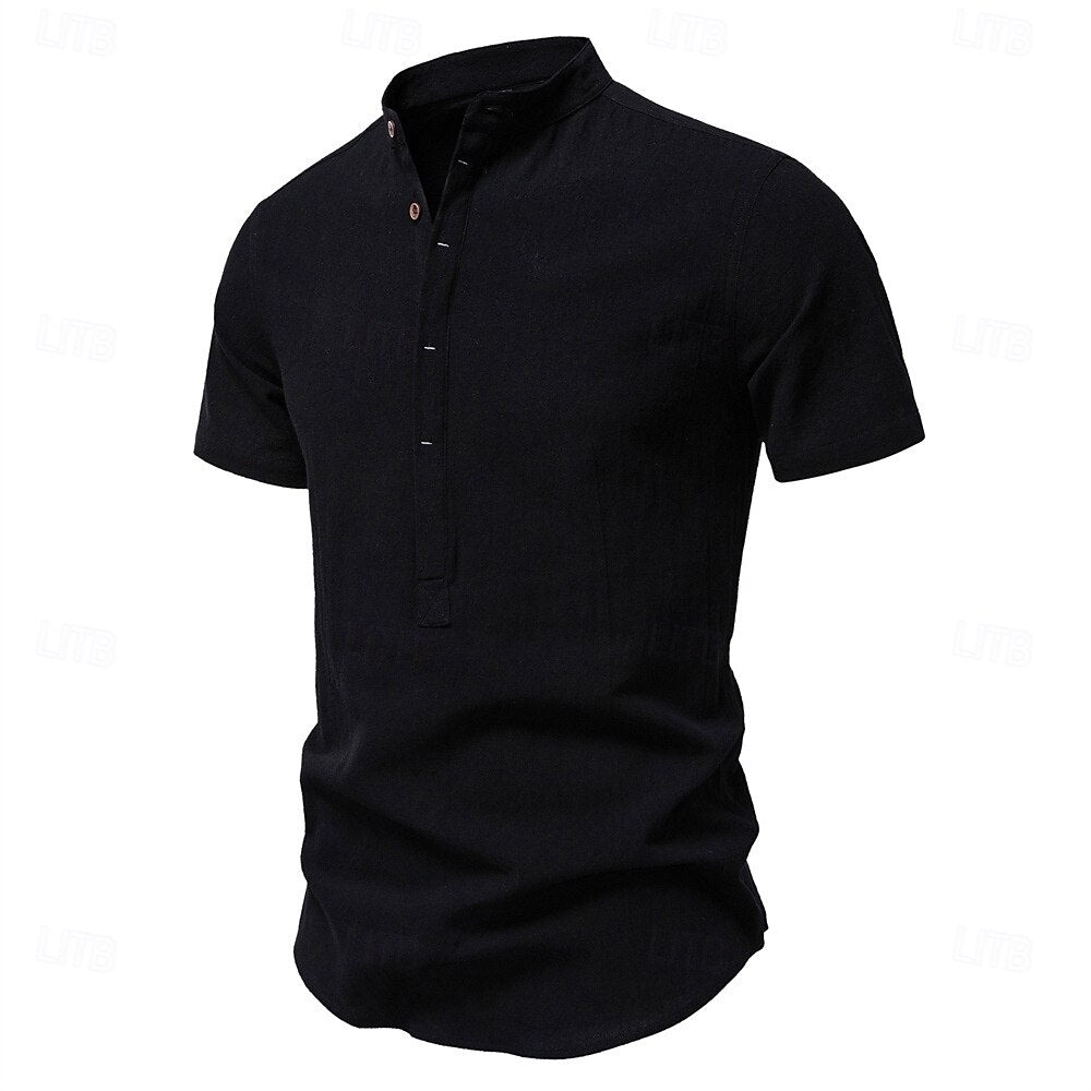 100% Cotton Premium Textured Band Collar Shirt - oukumen