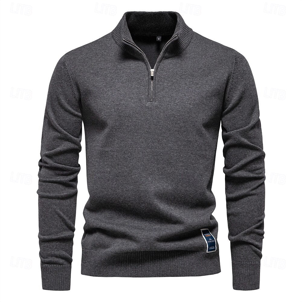 Rolled collar Solid Color Zip Sweater - oukumen