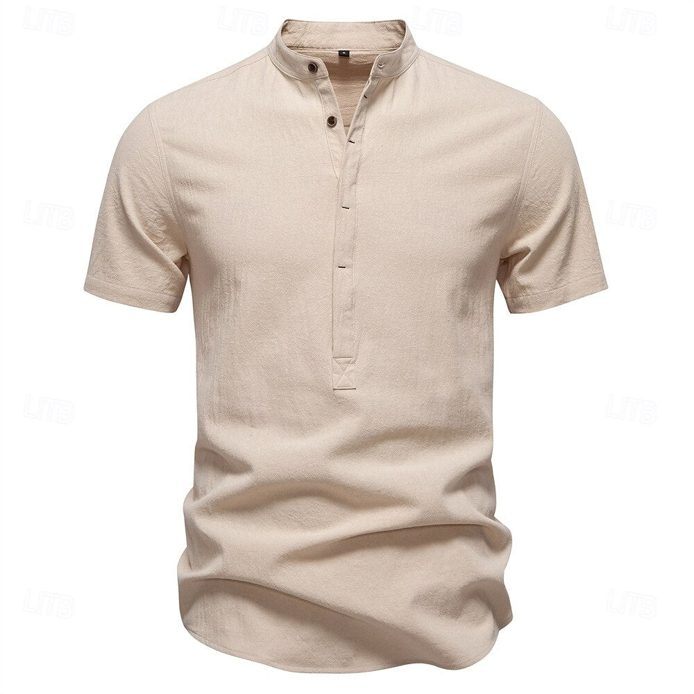 100% Cotton Premium Textured Band Collar Shirt - oukumen