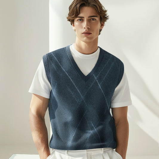 100% Wool Striped V-Neck Sweater Vest - oukumen