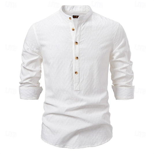Heritage-Inspired Band Collar Woven Shirt - oukumen