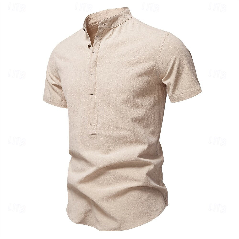 100% Cotton Premium Textured Band Collar Shirt - oukumen