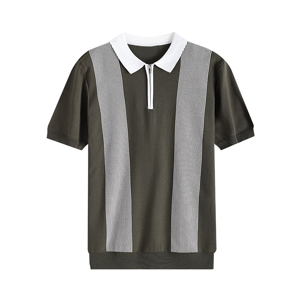 Refined Half-Zip Polo Shirt with Pinstripe Contrast Panels - oukumen