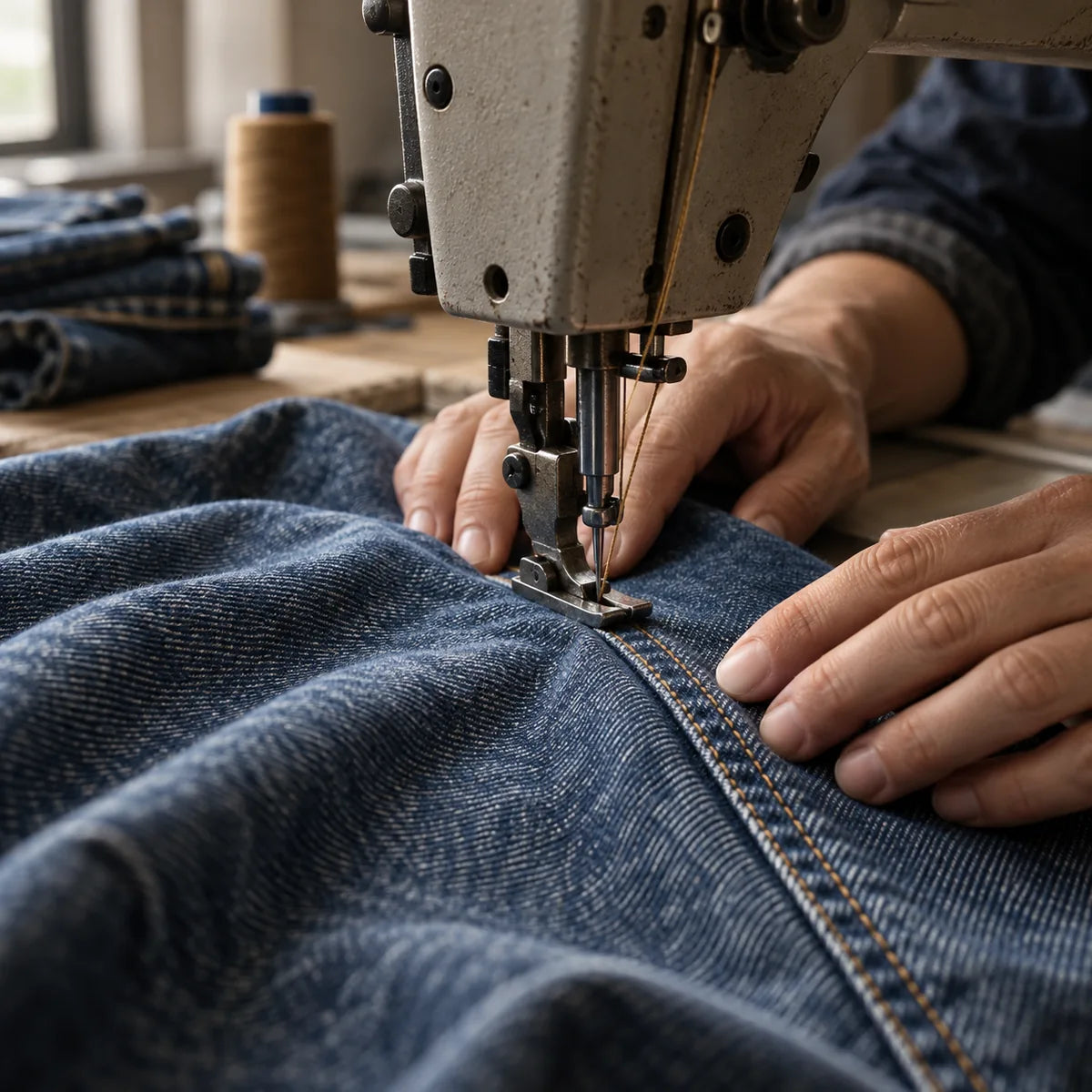 Close-up of denim seam stitching on a sewing machine