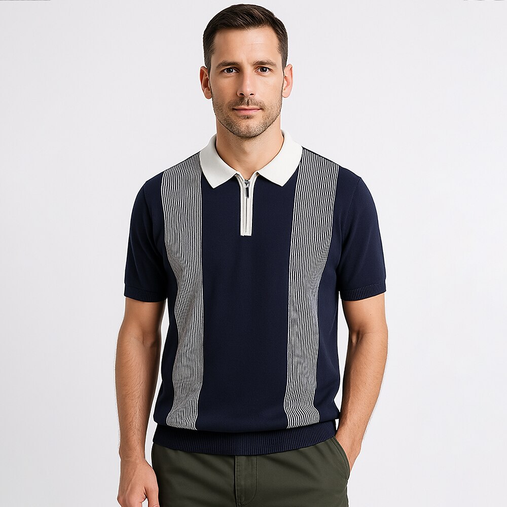 Refined Half-Zip Polo Shirt with Pinstripe Contrast Panels - oukumen