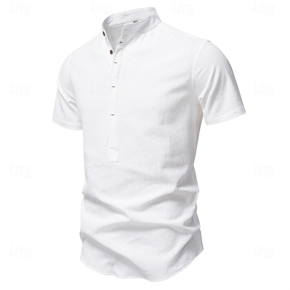 100% Cotton Premium Textured Band Collar Shirt - oukumen