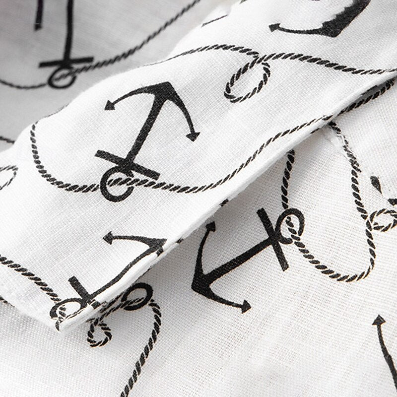 100% Linen Anchor Print Shirt - oukumen